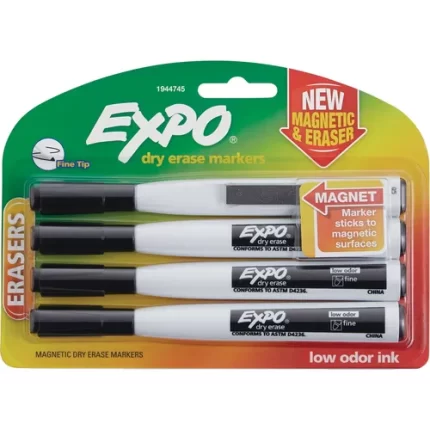 expo® magnetic dry erase fine tip marker all black set with eraser