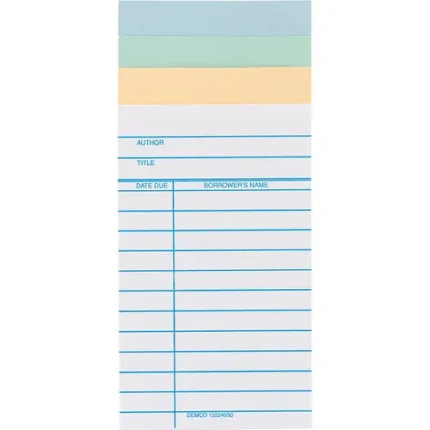 demco® colored book cards author/title, due date, borrower's name