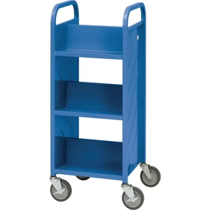 demco® libraryquiet™ double sided end of range booktruck, 6 sloped shelves