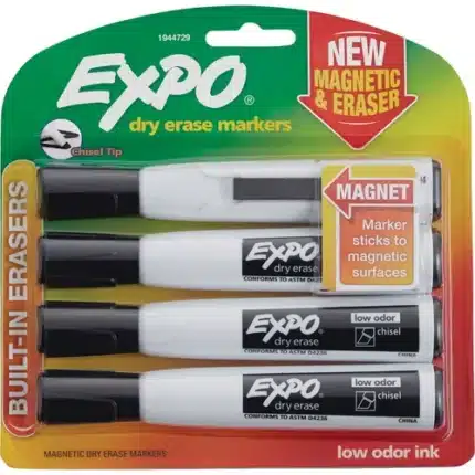 expo magnetic dry erase chisel tip marker all black set with eraser