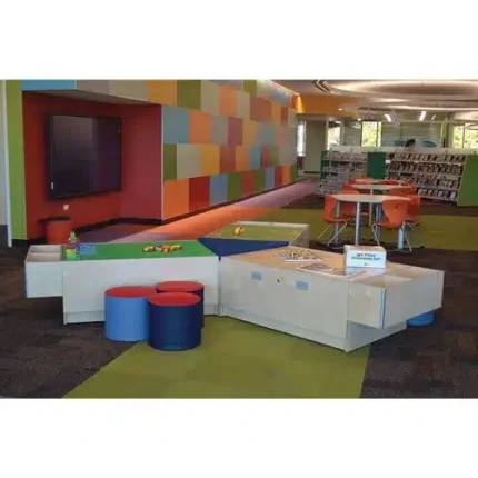 pinwheel configuration of 3branch discovery tables with building bricks, train tracks, tinkertoy tops and storage bins