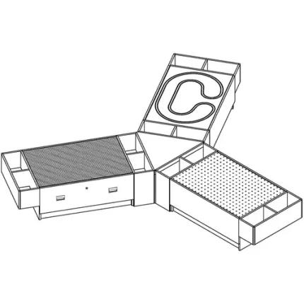 pinwheel configuration of 3branch discovery tables with building bricks, train tracks, tinkertoy tops and storage bins